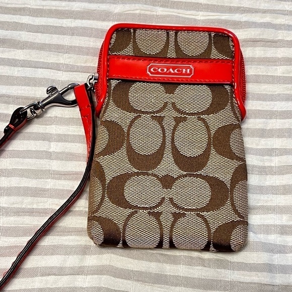CLEARANCE Coach Sutton Khaki Vermillion Orange Card Wristlet Universal Case - Picture 1 of 9